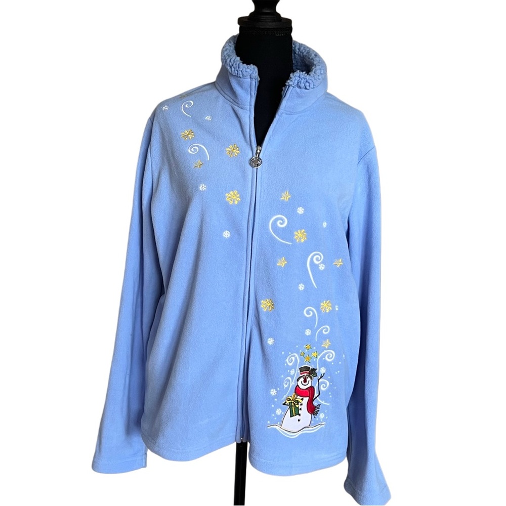 Coral Bay Light Blue Women’s Fleece Zip up  with Christmas Snowman Vintage XL